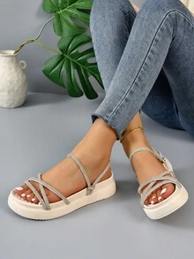 女性時髦厚鞋底休閒淺褐色的拖鞋帶水鑽裝飾 - 米色 - 查看 6