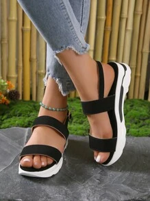 女性時尚黑色後帶坡跟涼鞋帶厚鞋底 - 黑色 - 查看 6