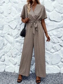 SHEIN LUNE 滿版印花蝙蝠袖腰帶連身褲