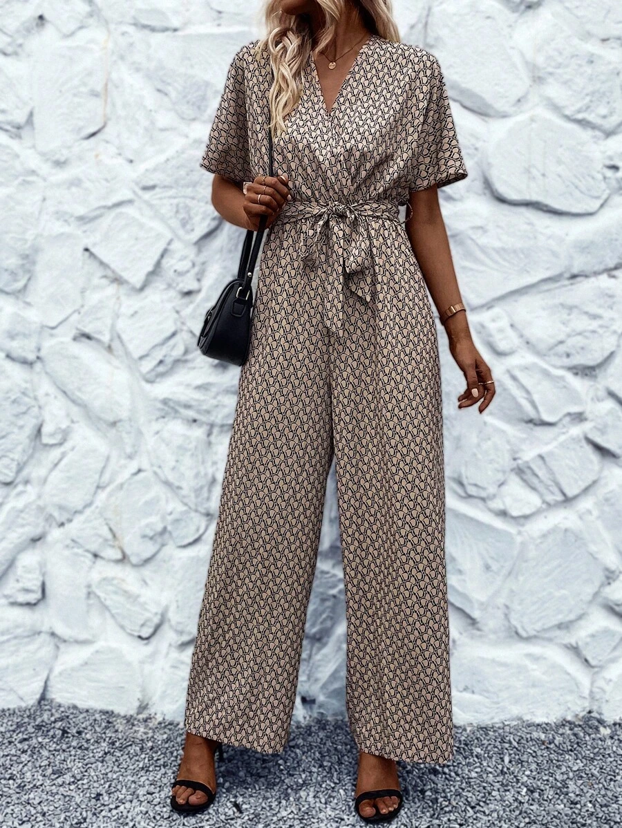 SHEIN LUNE 滿版印花蝙蝠袖腰帶連身褲