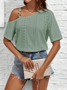 SHEIN LUNE 不對稱領鏈條細節網眼刺繡T恤 - 薄荷綠 - 查看 1