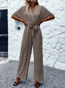 SHEIN LUNE 滿版印花蝙蝠袖腰帶連身褲