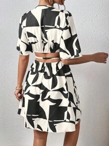 SHEIN VCAY Đầm Cắt ra Trọn gói Tất cả trên in Giải trí - Đen và trắng - Xem 2