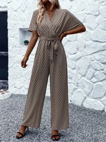 SHEIN LUNE 滿版印花蝙蝠袖腰帶連身褲