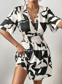 SHEIN VCAY Đầm Cắt ra Trọn gói Tất cả trên in Giải trí - Đen và trắng - Xem 4