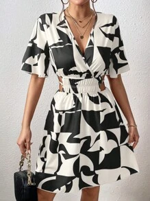 SHEIN VCAY Đầm Cắt ra Trọn gói Tất cả trên in Giải trí - Đen và trắng - Xem 5