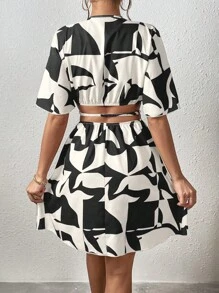 SHEIN VCAY Đầm Cắt ra Trọn gói Tất cả trên in Giải trí - Đen và trắng - Xem 6