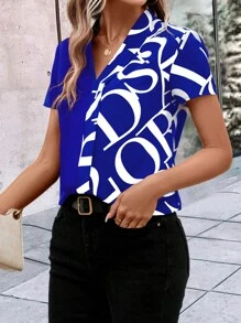 SHEIN LUNE Blusa con estampado de letra doblado - azul real - Ver 3