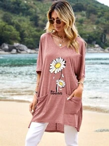 SHEIN LUNE 花卉和字母圖案蝙蝠袖T恤 - 藕粉色 - 查看 1