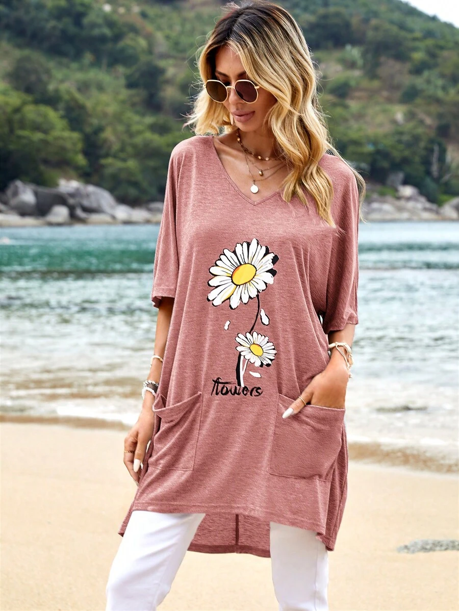 SHEIN LUNE 花卉和字母圖案蝙蝠袖T恤 - 藕粉色 - 查看 1