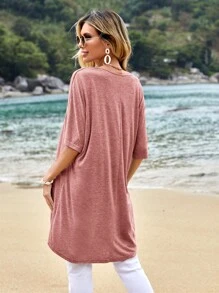 SHEIN LUNE 花卉和字母圖案蝙蝠袖T恤 - 藕粉色 - 查看 2