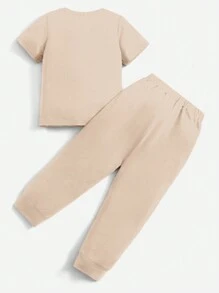 SHEIN Toddler Girls Slogan Patched Tee & Sweatpants - Apricot - View 2