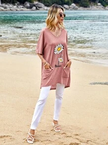 SHEIN LUNE 花卉和字母圖案蝙蝠袖T恤 - 藕粉色 - 查看 4