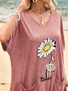 SHEIN LUNE 花卉和字母圖案蝙蝠袖T恤 - 藕粉色 - 查看 6