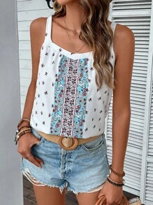 SHEIN VCAY Floral Print Tank Top - White - View 1
