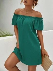 SHEIN LUNE Đầm viền lá sen màu trơn Giải trí - màu xanh lá - Xem 3