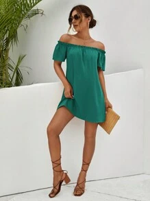 SHEIN LUNE Đầm viền lá sen màu trơn Giải trí - màu xanh lá - Xem 4