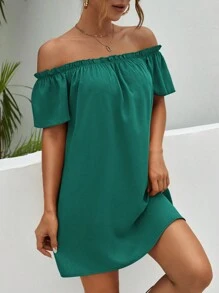 SHEIN LUNE Đầm viền lá sen màu trơn Giải trí - màu xanh lá - Xem 5