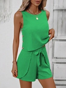 SHEIN LUNE Bộ đồ hai mảnh nữ Thắt lưng Nút Trọn gói màu trơn Giải trí - màu xanh lá - Xem 5