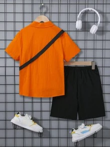 SHEIN Leap Crew Tween Boy 4 件纯色衬衫 & T 恤 & 斜挎包 & Cool Tape 运动短裤 - 彩色 - 查看 10