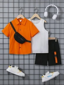 SHEIN Leap Crew Tween Boy 4 件纯色衬衫 & T 恤 & 斜挎包 & Cool Tape 运动短裤 - 彩色 - 查看 4