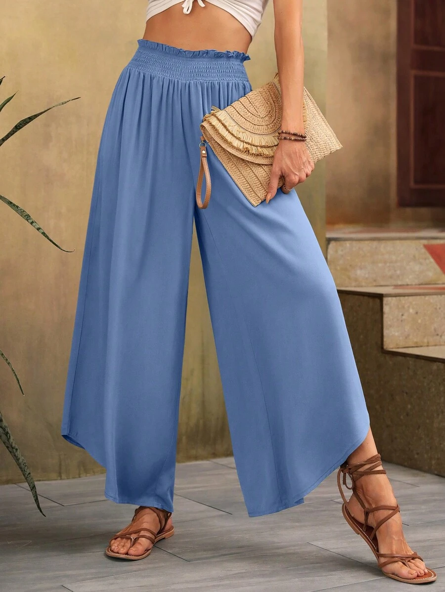 SHEIN LUNE Paperbag Waist Asymmetrical Hem Wide Leg Trousers - Dusty Blue - View 1