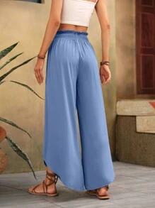 SHEIN LUNE Paperbag Waist Asymmetrical Hem Wide Leg Trousers - Dusty Blue - View 2