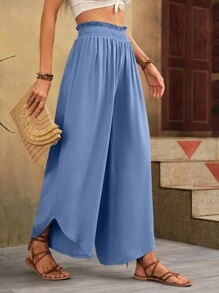SHEIN LUNE Paperbag Waist Asymmetrical Hem Wide Leg Trousers - Dusty Blue - View 3