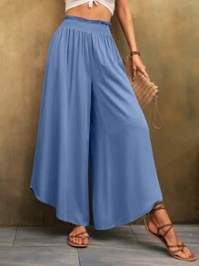 SHEIN LUNE Paperbag Waist Asymmetrical Hem Wide Leg Trousers - Dusty Blue - View 5