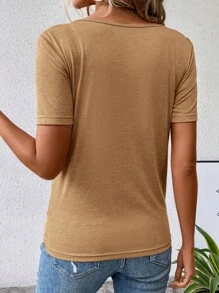 SHEIN LUNE 素色交叉圍裹T恤 - 棕色 - 查看 2