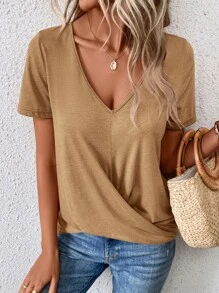 SHEIN LUNE 素色交叉圍裹T恤 - 棕色 - 查看 3