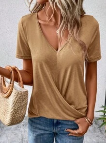 SHEIN LUNE 素色交叉圍裹T恤 - 棕色 - 查看 4