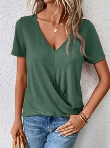 EMERY ROSE Solid Wrap Hem Tee - Dark Green - View 4
