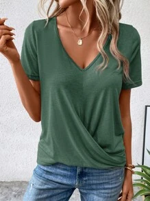 EMERY ROSE Solid Wrap Hem Tee - Dark Green - View 5