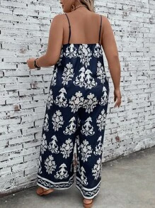 SHEIN LUNE Plus Floral Print Cami Jumpsuit Without Belt - Blue and White - View 2