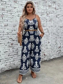 SHEIN LUNE Plus Floral Print Cami Jumpsuit Without Belt - Blue and White - View 4