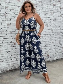 SHEIN LUNE Plus Floral Print Cami Jumpsuit Without Belt - Blue and White - View 5