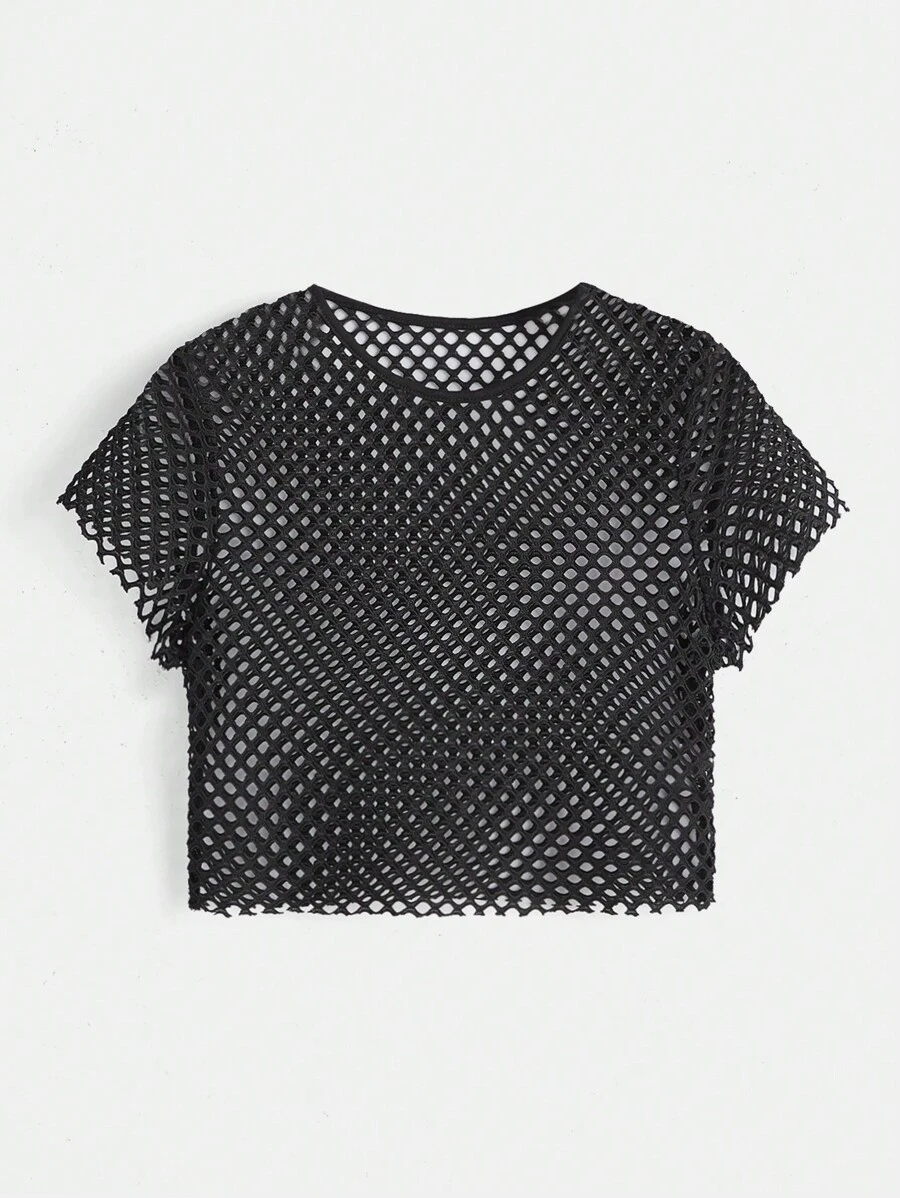 SHEIN ICON 素色漁網網紗短款上衣 - 黑色 - 查看 1