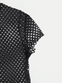 SHEIN ICON 素色漁網網紗短款上衣 - 黑色 - 查看 3