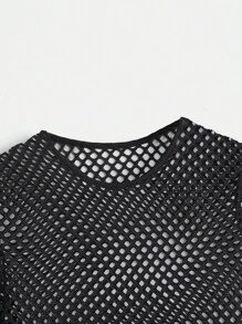 SHEIN ICON 素色漁網網紗短款上衣 - 黑色 - 查看 4