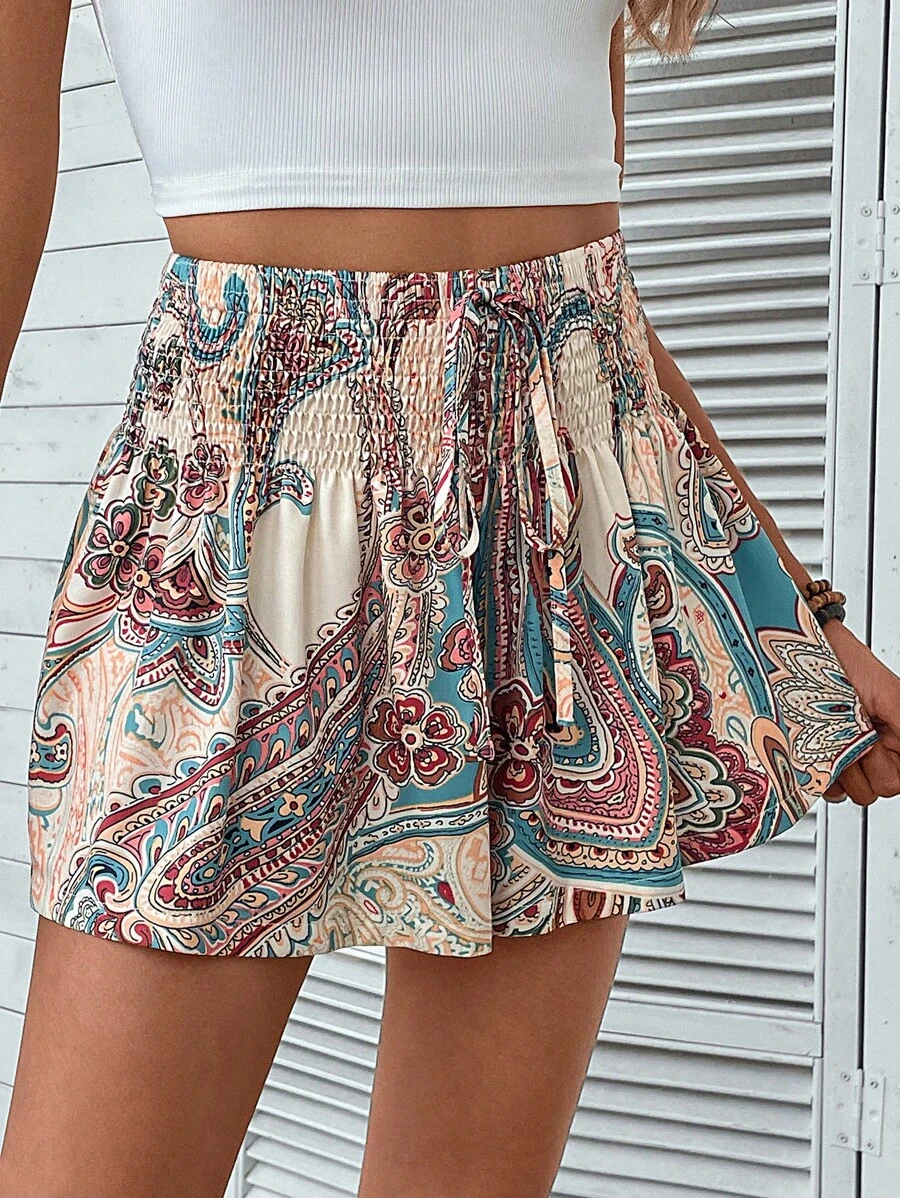 SHEIN VCAY Paisley Print Tie Front Wide Leg Shorts - Multicolor - View 1