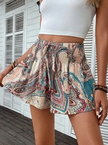 SHEIN VCAY Paisley Print Tie Front Wide Leg Shorts - Multicolor - View 4