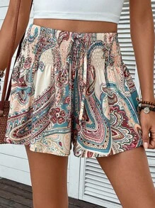 SHEIN VCAY Paisley Print Tie Front Wide Leg Shorts - Multicolor - View 5
