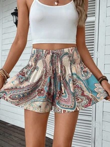 SHEIN VCAY Paisley Print Tie Front Wide Leg Shorts - Multicolor - View 6