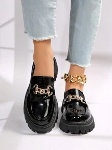 Women's Round Toe Platform Retro Oxford Shoes With Metal Chain Decor, Low-Top Slip-On Casual Loafers, Spring/Fall Daily Wear Comfortable Heeled Shoes