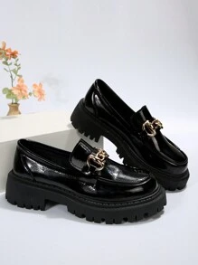 Women's Round Toe Platform Retro Oxford Shoes With Metal Chain Decor, Low-Top Slip-On Casual Loafers, Spring/Fall Daily Wear Comfortable Heeled Shoes