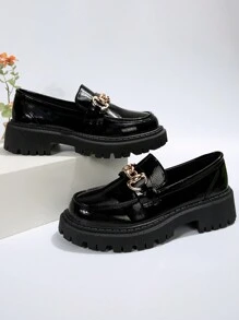 Women's Round Toe Platform Retro Oxford Shoes With Metal Chain Decor, Low-Top Slip-On Casual Loafers, Spring/Fall Daily Wear Comfortable Heeled Shoes