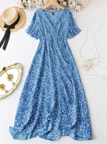 SHEIN LUNE Đầm Plus Size Xù Trọn gói Họa tiết hoa Boho - Màu xanh lam - Xem 1