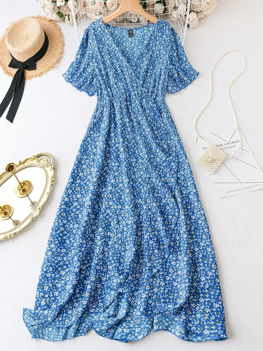 SHEIN LUNE Đầm Plus Size Xù Trọn gói Họa tiết hoa Boho - Màu xanh lam - Xem 1