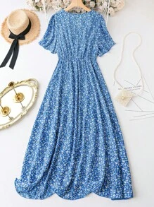 SHEIN LUNE Đầm Plus Size Xù Trọn gói Họa tiết hoa Boho - Màu xanh lam - Xem 2